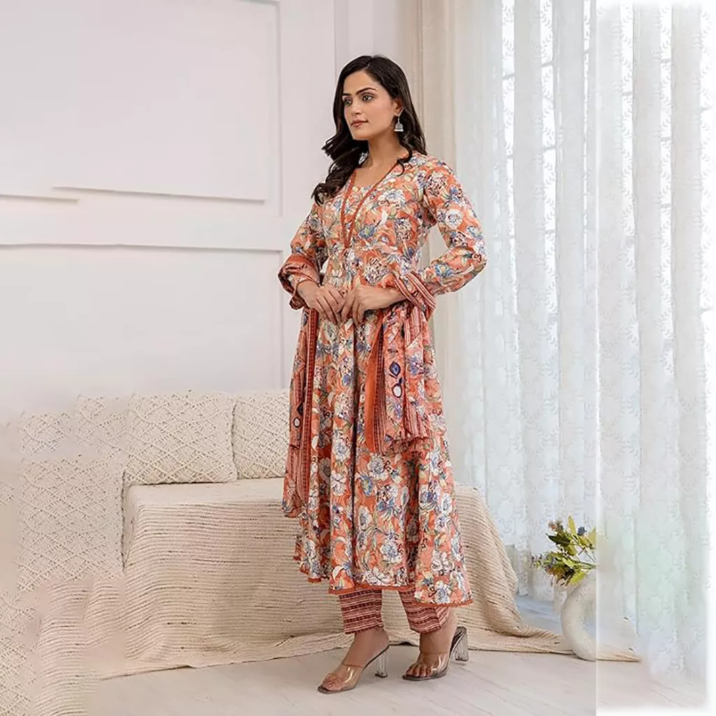 Ladies Kurtis Pink Cotton Anarkali Kurta Set with Dupatta for Women, 2XL