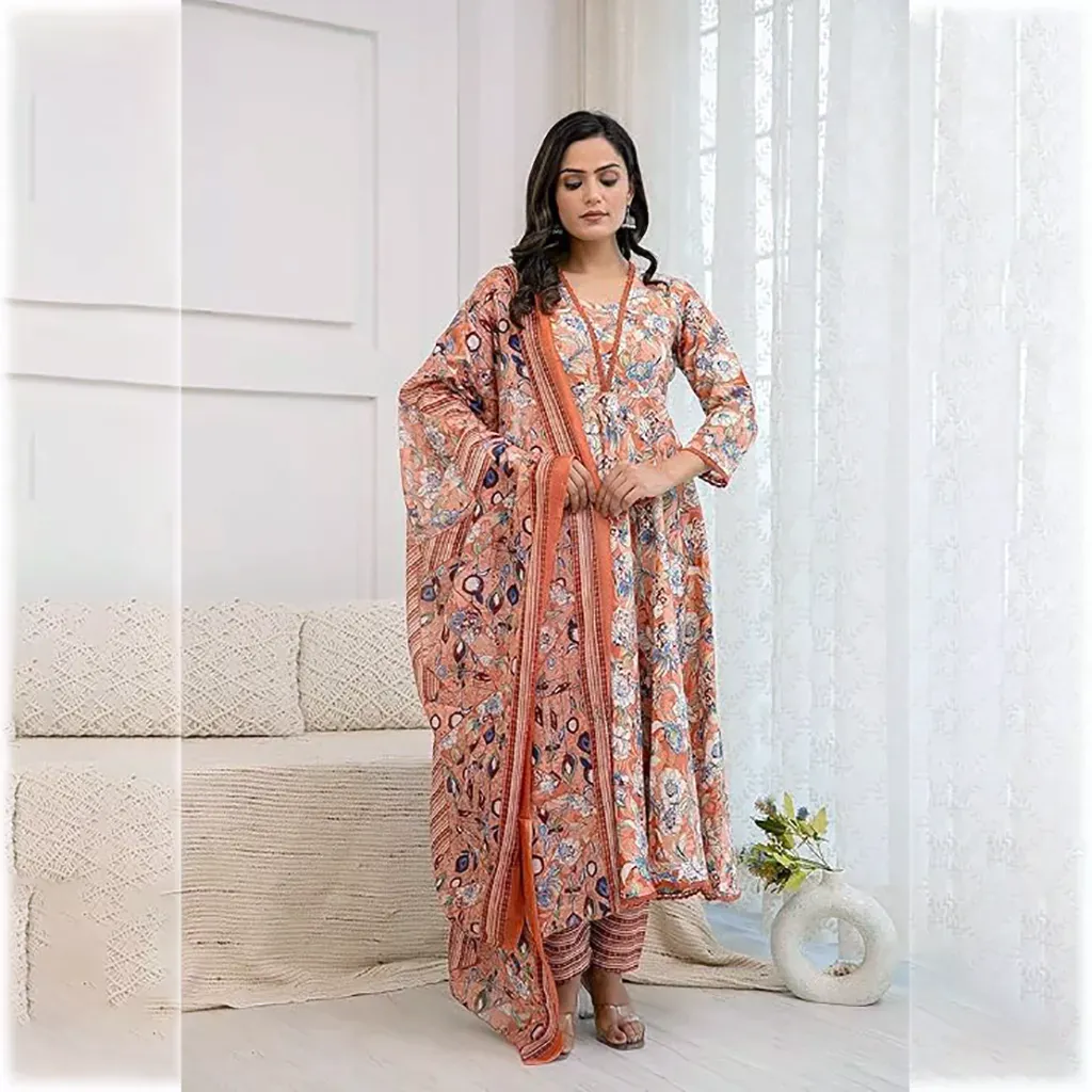Ladies Kurtis Pink Cotton Anarkali Kurta Set with Dupatta for Women, 2XL