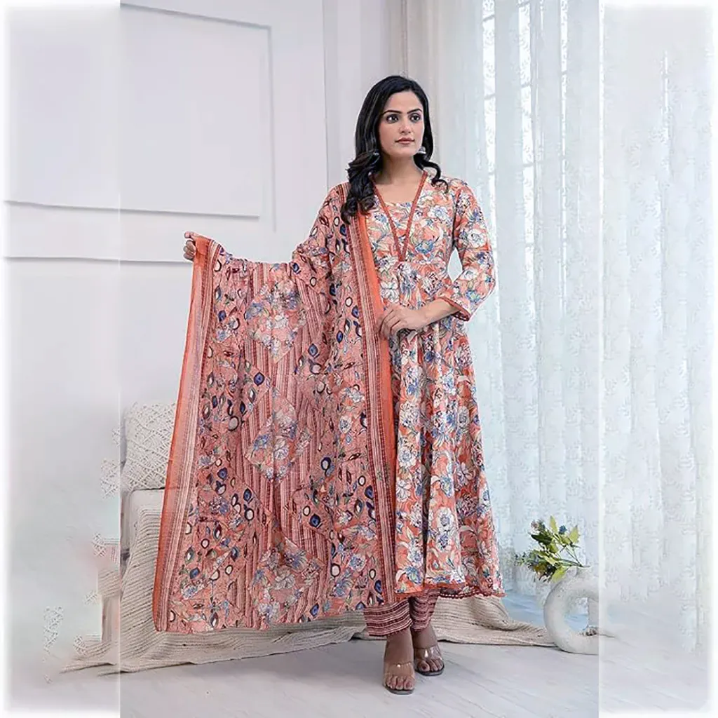Ladies Kurtis Pink Cotton Anarkali Kurta Set with Dupatta for Women, 2XL