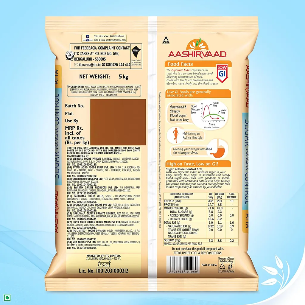 Aashirvaad Sugar Release Control Atta - Low GI Wheat Flour, 5 kg Pack of 1
