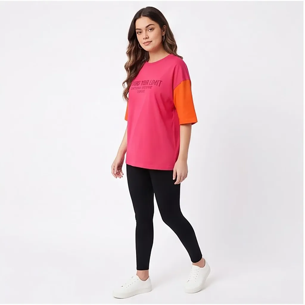 LEOTUDE Women's Oversized T-Shirt Pink Printed Cotton Blend Half Sleeve XL
