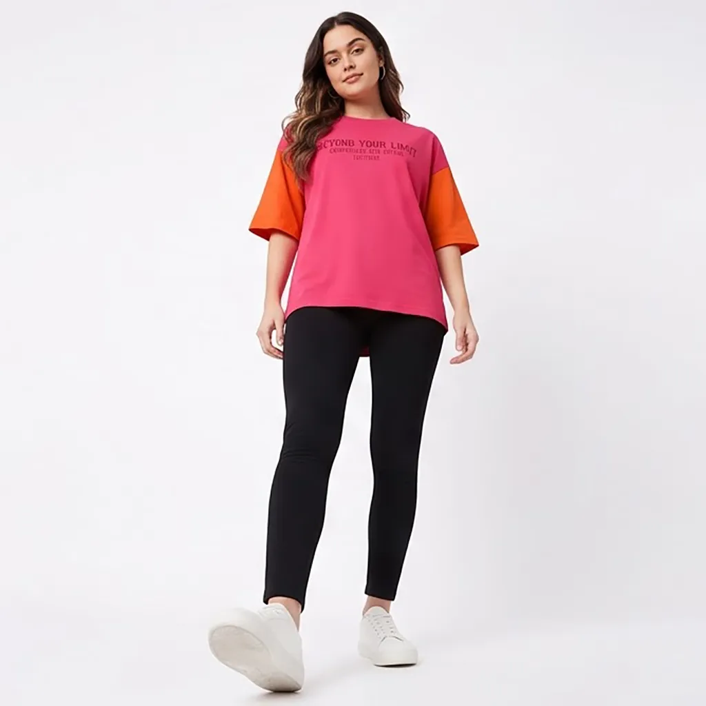 LEOTUDE Women's Oversized T-Shirt Pink Printed Cotton Blend Half Sleeve XL
