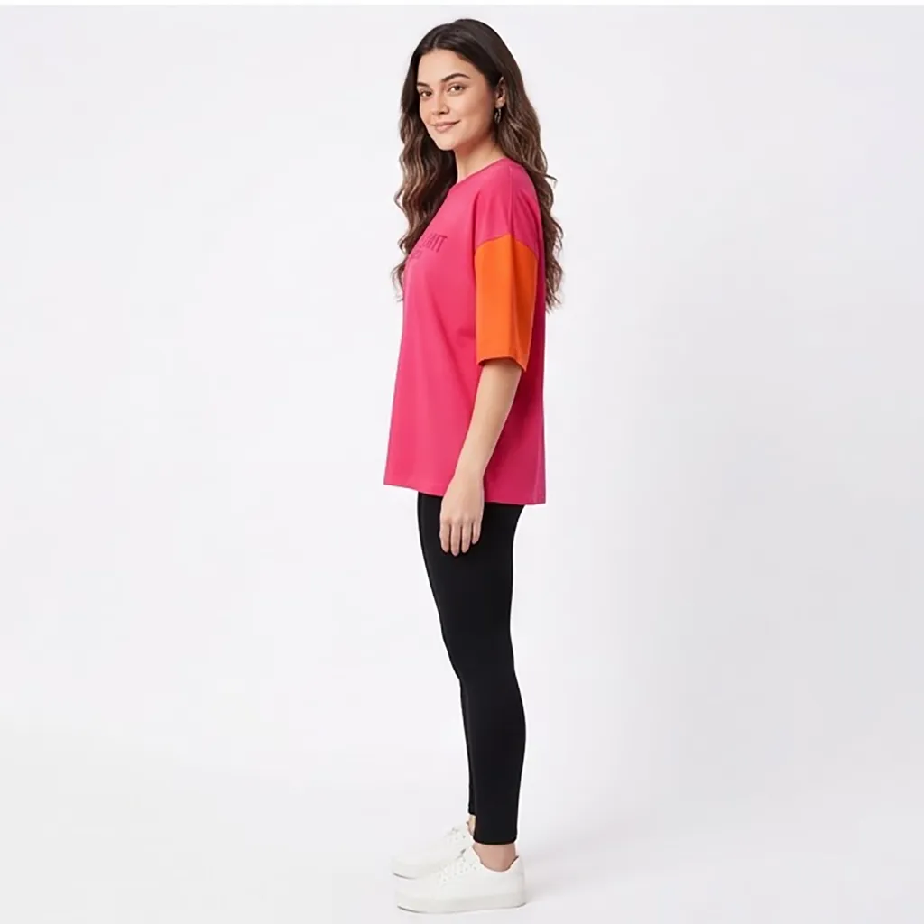 LEOTUDE Women's Oversized T-Shirt Pink Printed Cotton Blend Half Sleeve XL