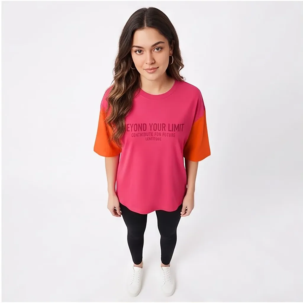 LEOTUDE Women's Oversized T-Shirt Pink Printed Cotton Blend Half Sleeve XL