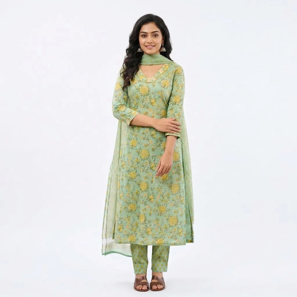 Salwar Suits for Women: Pastel Green Cotton Floral Set with Kota Dupatta