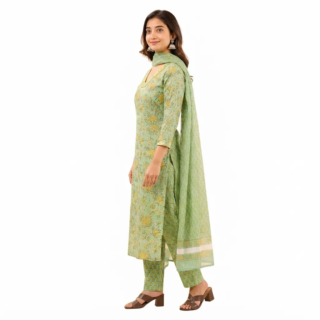 Salwar Suits for Women: Pastel Green Cotton Floral Set with Kota Dupatta