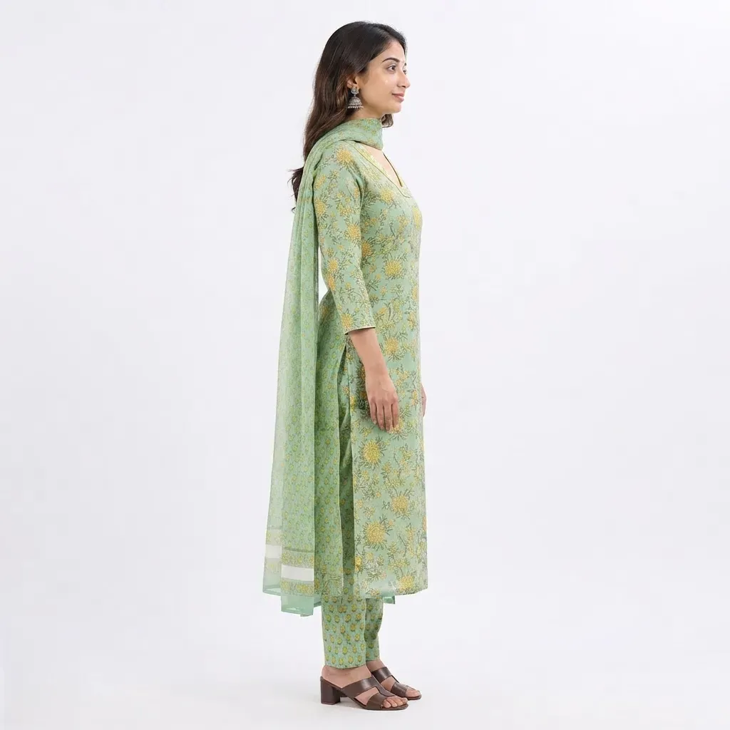 Salwar Suits for Women: Pastel Green Cotton Floral Set with Kota Dupatta