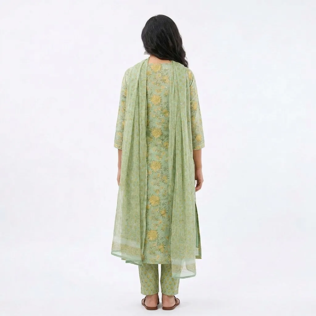 Salwar Suits for Women: Pastel Green Cotton Floral Set with Kota Dupatta