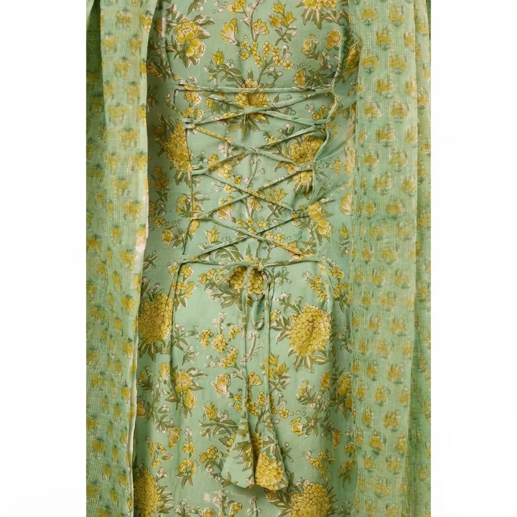 Salwar Suits for Women: Pastel Green Cotton Floral Set with Kota Dupatta