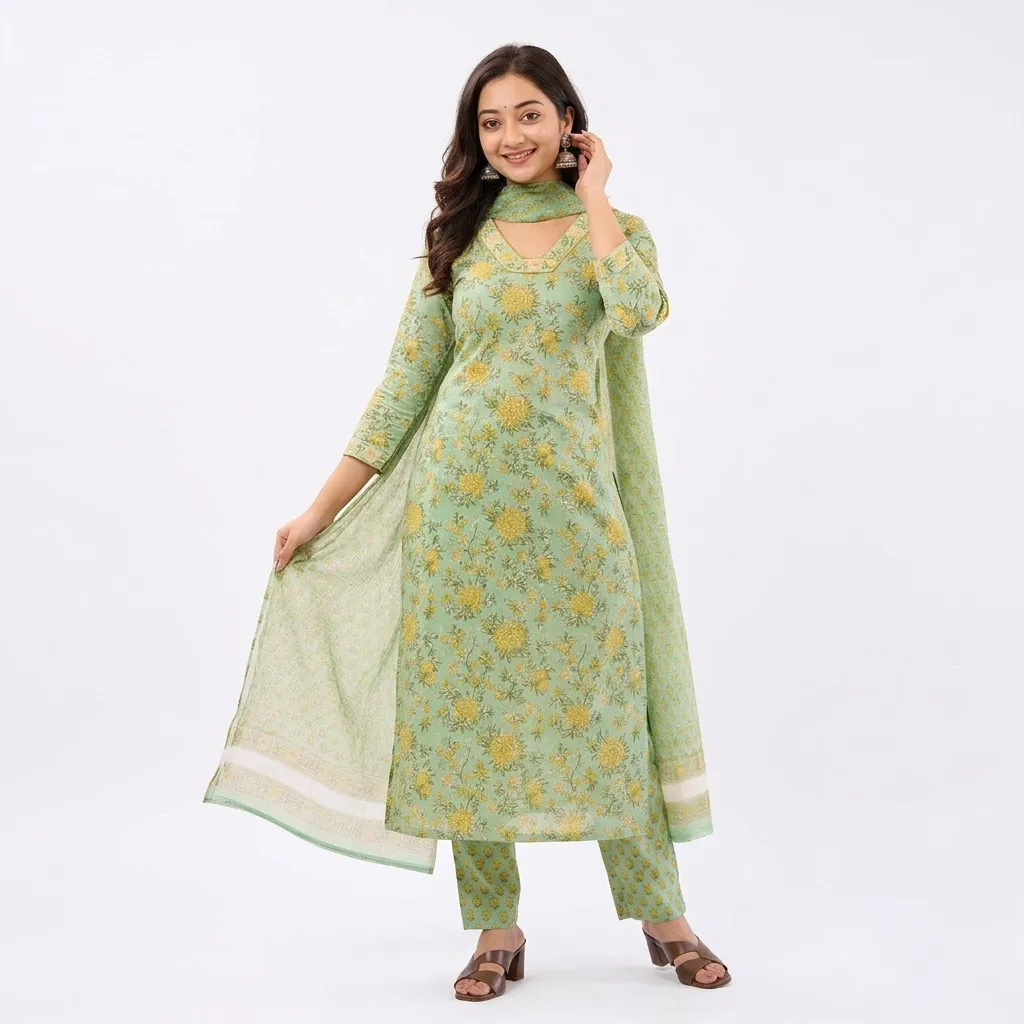 Salwar Suits for Women: Pastel Green Cotton Floral Set with Kota Dupatta