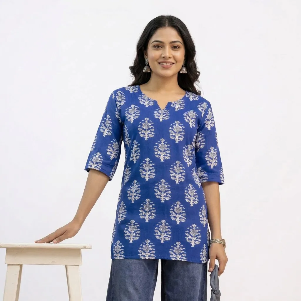 Tunics Tops for Ladies – BELLATELA BT Printed Rayon Cotton Tunic, XL, Jeera Blue