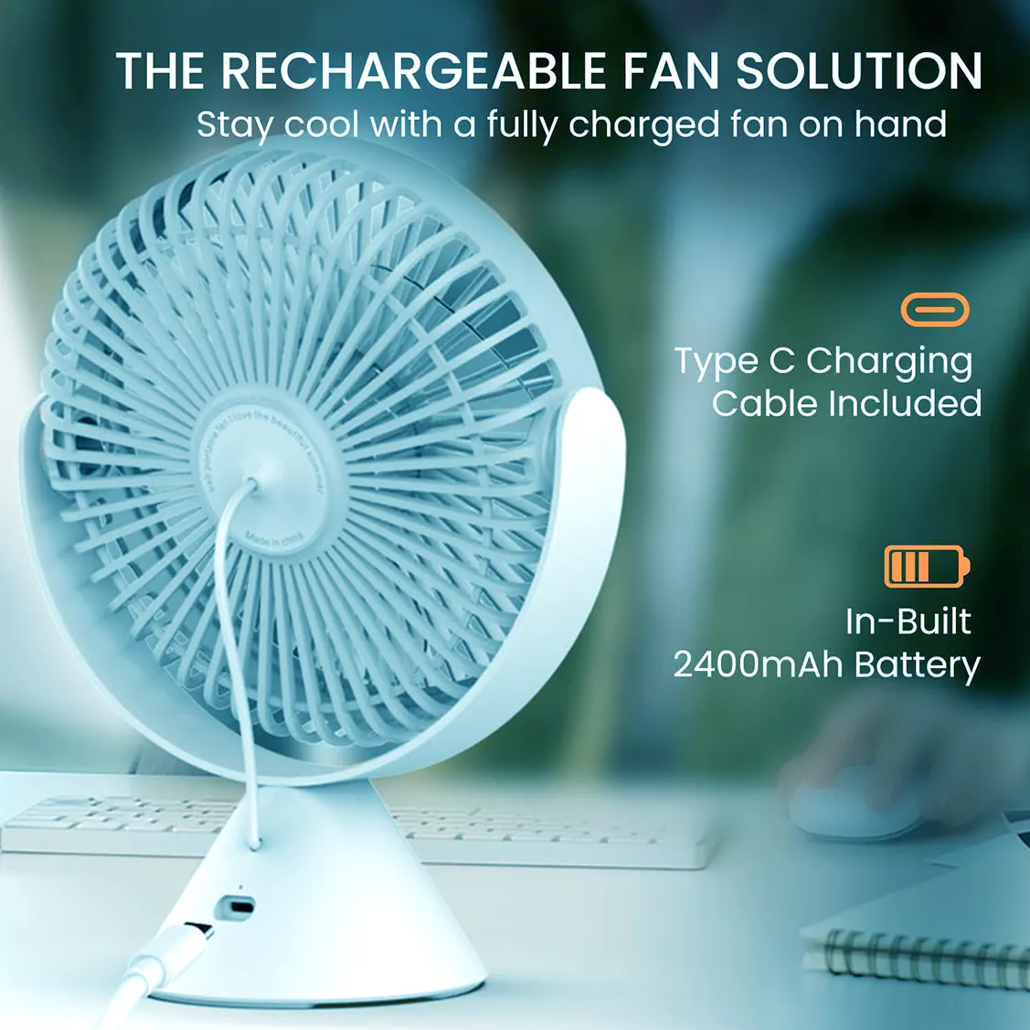 Portable Table Fan for Office Portronics Aero Breeze USB Rechargeable Fan